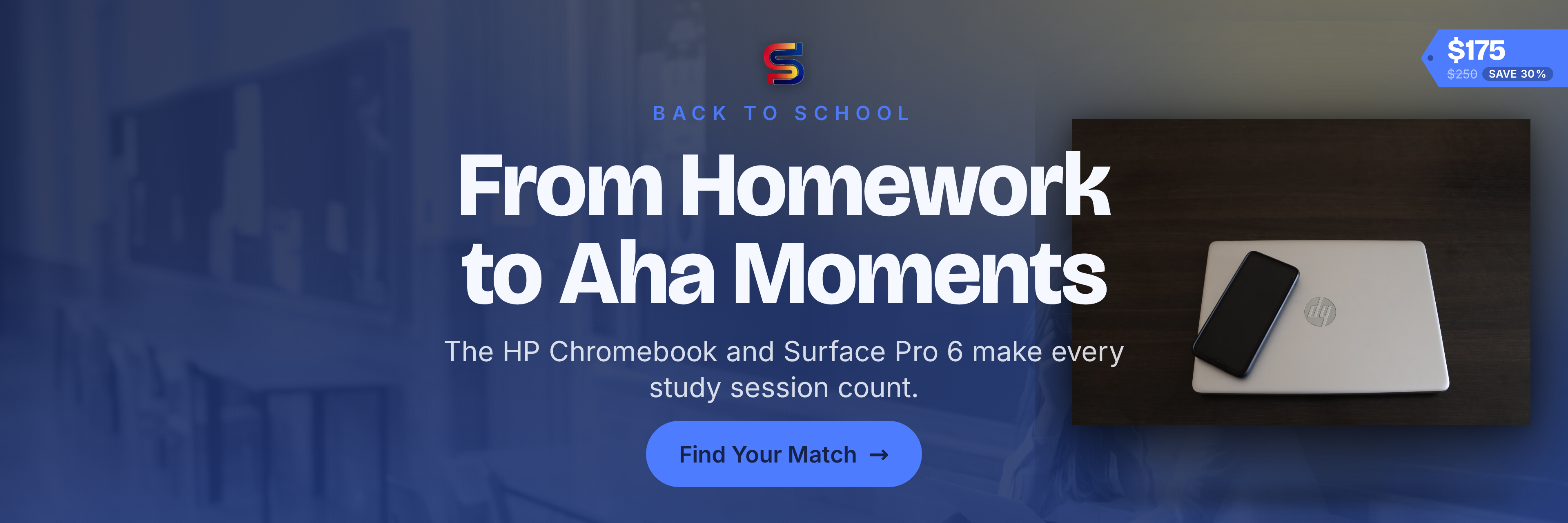 Close-up of an HP Chromebook open on a wood desk beside a spiral notebook