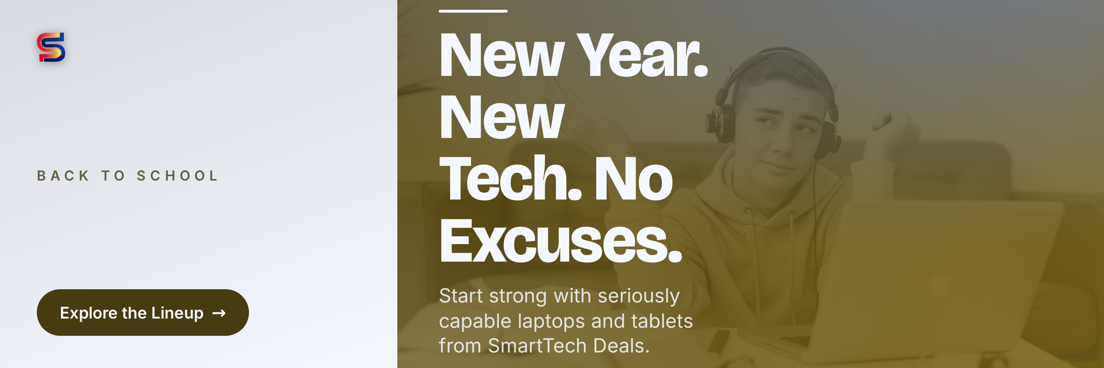 Overhead flat lay of a tablet, laptop, headphones, and school supplies on a blue background